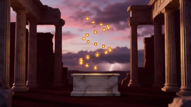 Illustration: glowing orbs and coins swirling around an open golden gate in the clouds