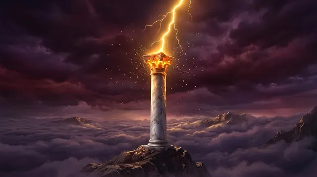 Illustration: a lightning bolt strikes a pile of gold coins on a marble altar