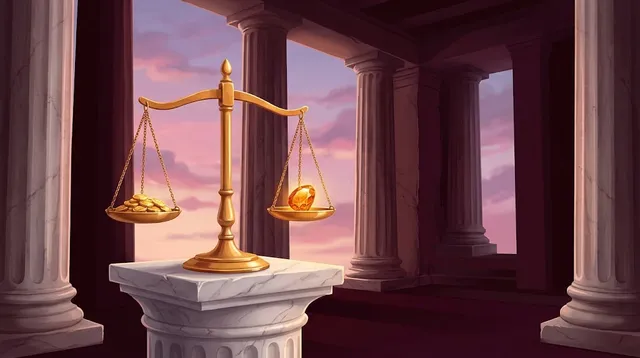 Illustration: a golden balance scale with coins and an amber gem in a Greek temple
