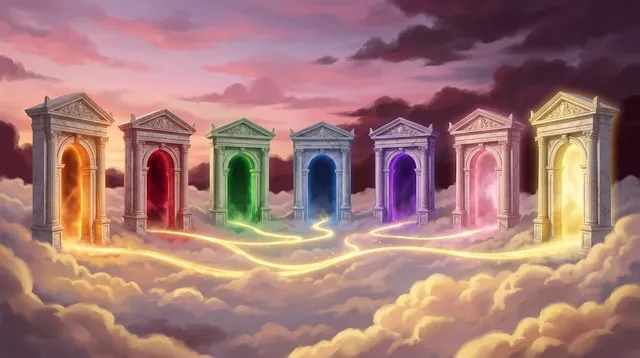 Illustration: seven marble gates on the clouds, each glowing in a different color