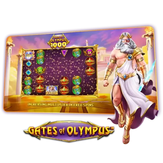 Zeus beside the Gates of Olympus 1000 reels with the golden 1000 logo