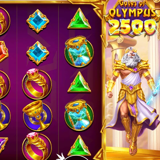 Zeus in golden armor with a lightning bolt beside the Gates of Olympus 2500 reels and logo