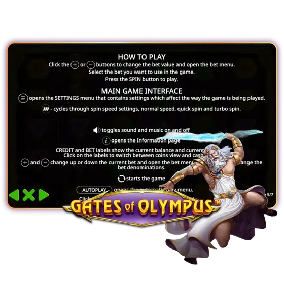 Gates of Olympus help screen with the game rules beside Zeus