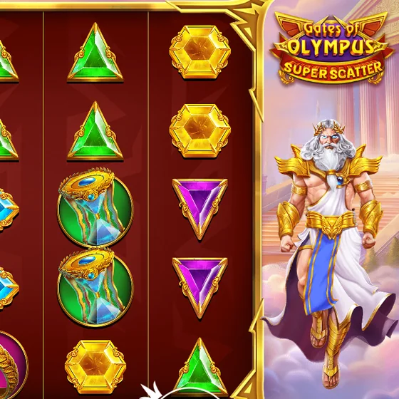 Zeus in golden armor beside the Gates of Olympus Super Scatter reels and logo