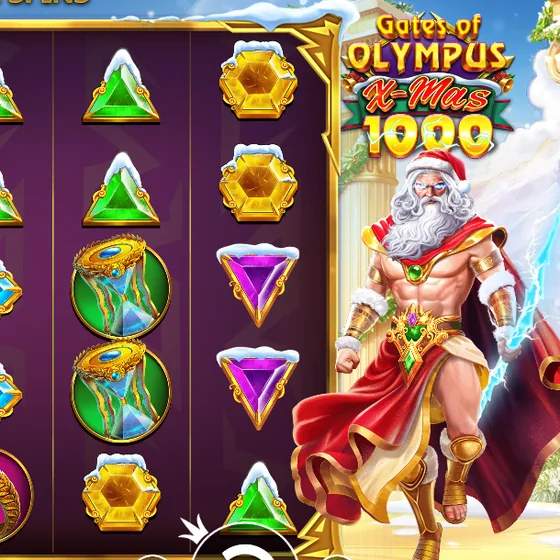 Zeus in a Santa hat and red cape beside the snowy Gates of Olympus Xmas 1000 reels and logo