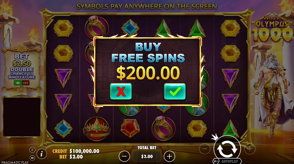 Gates of Olympus 1000 Buy Free Spins confirmation window at $200.00 with cancel and confirm buttons, and a Total Bet field of $2.00 with minus and plus buttons below the reels