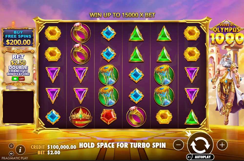 Gates of Olympus 1000 base game at a $2 bet: the 6x5 grid of gems and golden relics, Zeus and the 1000 logo on the right, the line Win up to 15000 x bet, a Buy Free Spins button at $200 and the Double Chance panel at $2.50