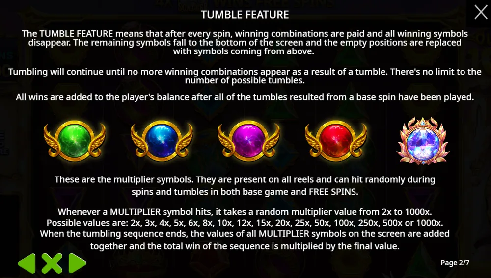 Gates of Olympus 1000 rules page 2: the tumble feature, four winged orbs in green, blue, purple and red, a fifth crystal orb, and the values 2x to 1000x
