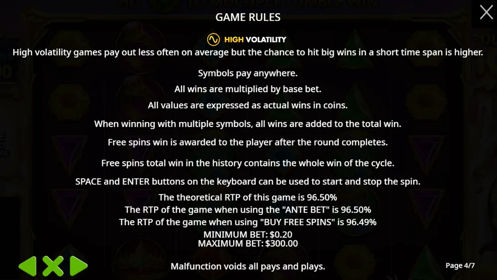 Gates of Olympus 1000 rules page 4: High volatility label, theoretical RTP 96.50%, RTP with Ante Bet 96.50%, RTP with Buy Free Spins 96.49%, minimum bet $0.20 and maximum bet $300