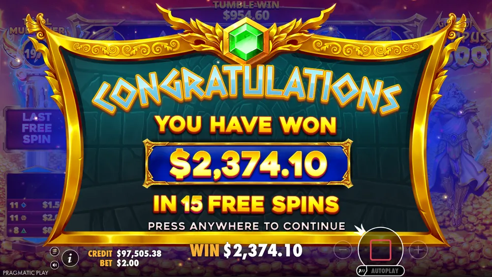 Gates of Olympus 2500 Congratulations window: you have won $2,374.10 in 15 free spins, at a $2 bet