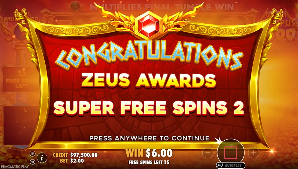 Gates of Olympus 2500 Congratulations window: Zeus awards Super Free Spins 2