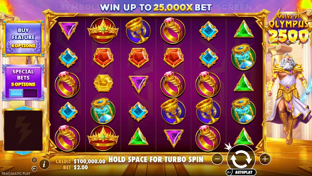 Gates of Olympus 2500 base game at a $2 bet: a purple 6x5 grid, Zeus with a lightning bolt, the banner Win up to 25,000x bet, and buttons for Buy Feature (4 options) and Special Bets (5 options)