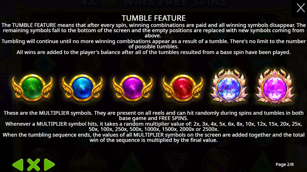 Gates of Olympus 2500 rules page 2: the tumble feature, four winged orbs in green, blue, purple and red, two crystal orbs, and the values from 2x to 2500x