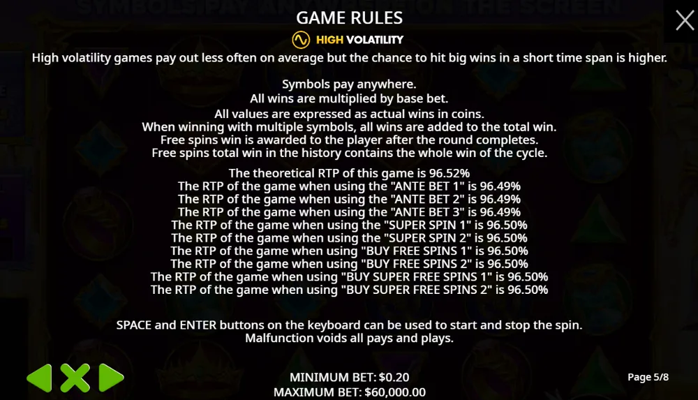 Gates of Olympus 2500 rules page 5: High volatility label, theoretical RTP 96.52%, Ante Bet 1, 2 and 3 at 96.49%, Super Spin 1 and 2 at 96.50%, all four buys at 96.50%, minimum bet $0.20 and maximum bet $60,000