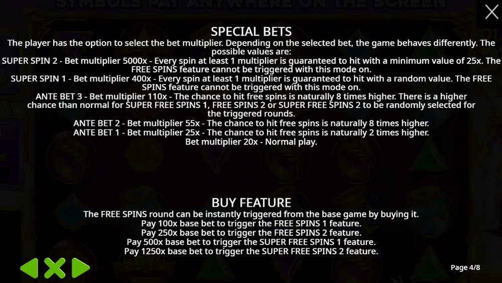 Gates of Olympus 2500 rules page 4: Special Bets with Super Spin 2 at a 5000x bet multiplier, Super Spin 1 at 400x, Ante Bet 3 at 110x, Ante Bet 2 at 55x, Ante Bet 1 at 25x and normal play at 20x, plus the four Buy Feature prices