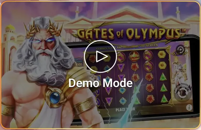 Gates of Olympus demo mode: Zeus in front of the reels with a play button