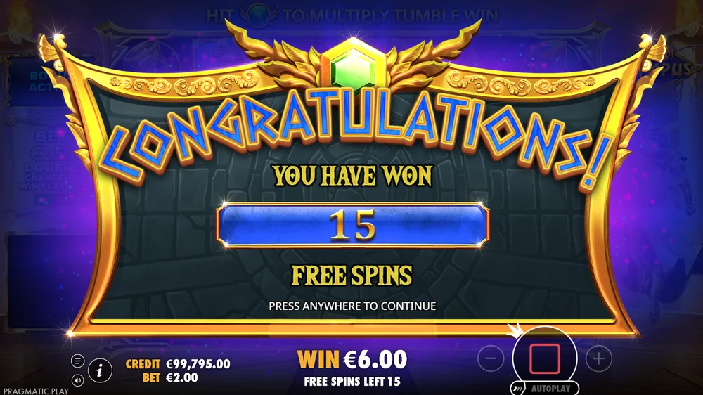 Gates of Olympus Congratulations window: you have won 15 free spins