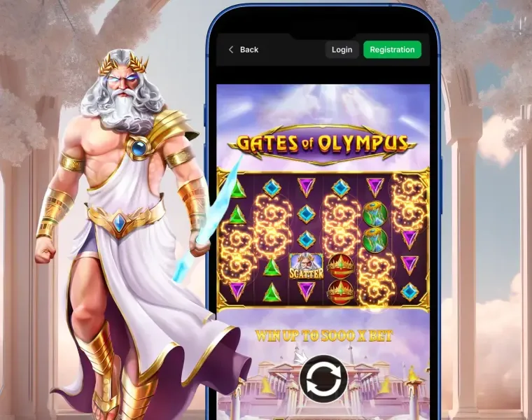Gates of Olympus on a smartphone in portrait mode, with the reels, Zeus and the spin button