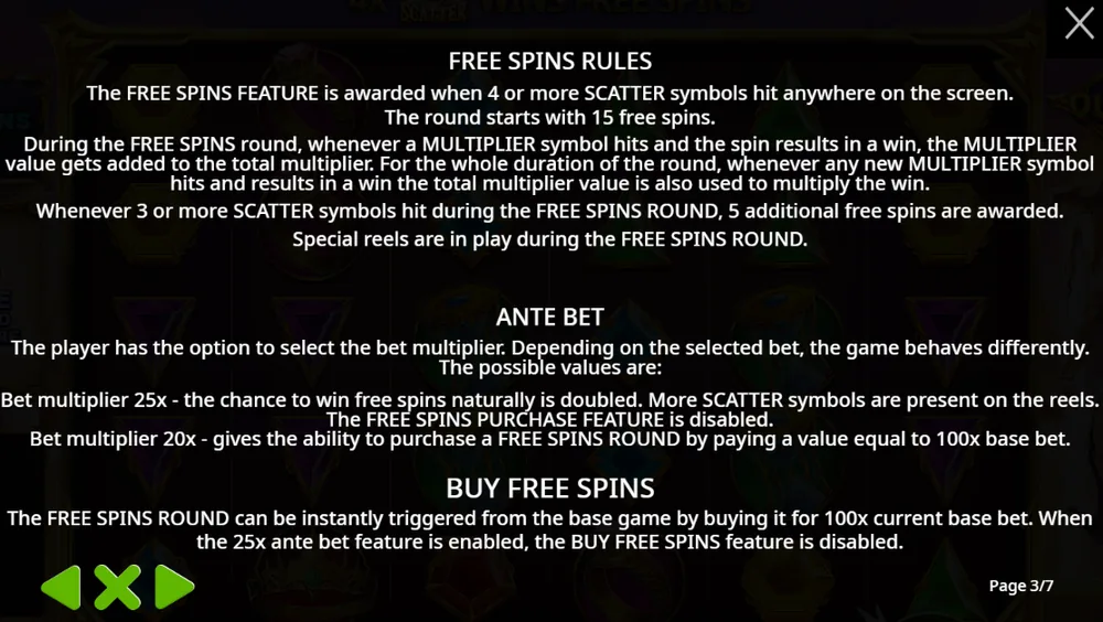 Gates of Olympus rules page 3: free spins rules with 15 free spins for 4 or more scatters, the total multiplier, 5 extra spins for 3 scatters, special reels, and the Ante Bet and Buy Free Spins options