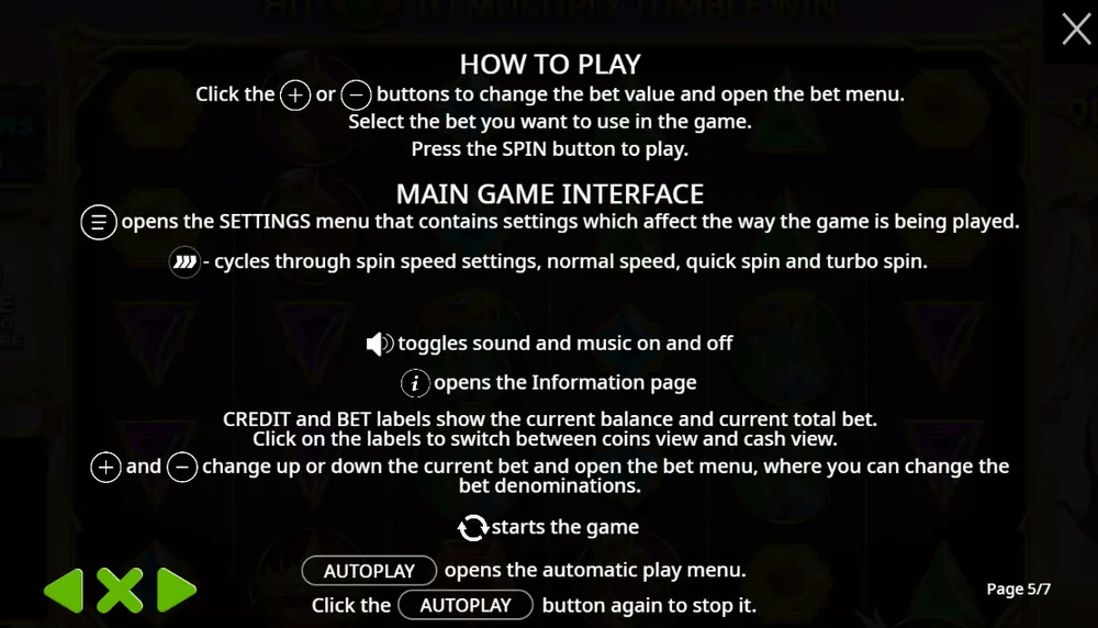 Gates of Olympus rules page 5: how to play, the settings menu, spin speed button, sound, information page, credit and bet labels, the bet buttons, spin and autoplay