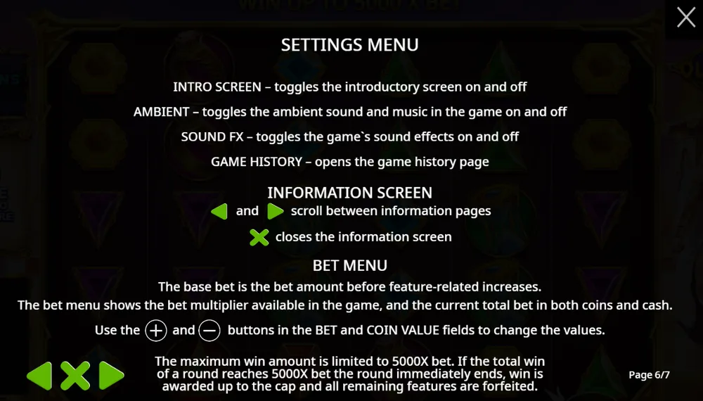 Gates of Olympus rules page 6 with the max win rule: the maximum win is limited to 5,000x the bet, and if the total win of a round reaches it, the round immediately ends, the win is awarded and all remaining features are forfeited