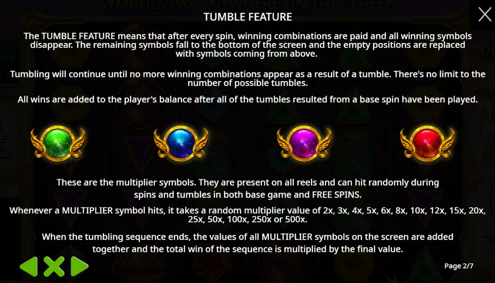 Gates of Olympus rules page 2: the tumble feature, four winged multiplier orbs in green, blue, purple and red, and the values from 2x to 500x