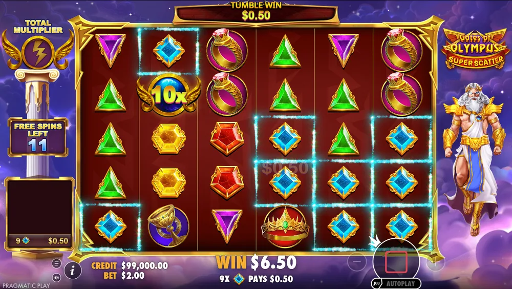 Gates of Olympus Super Scatter free spins at a $2 bet: a blue 10x orb on the grid, 11 free spins left, 9 blue gems paying $0.50 and a win of $6.50