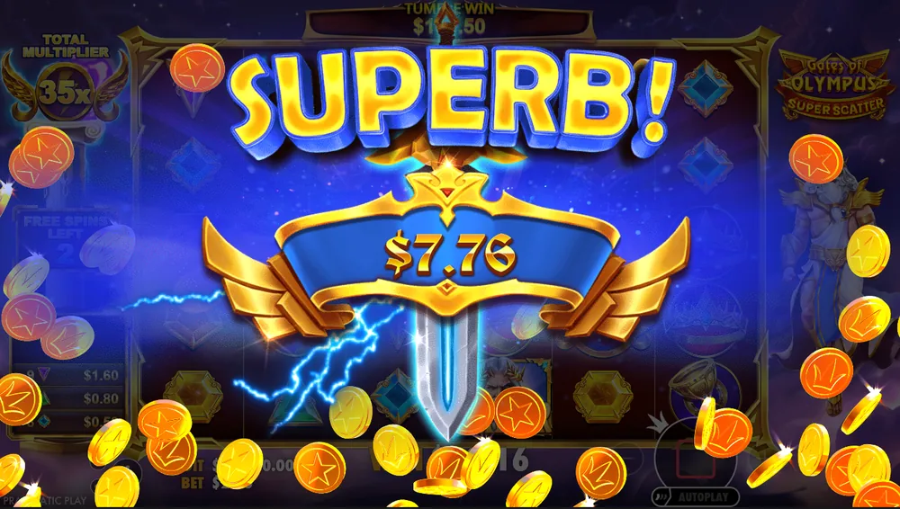 Superb win banner of $7.76 over the Gates of Olympus Super Scatter grid, with the total multiplier at 35x and 2 free spins left