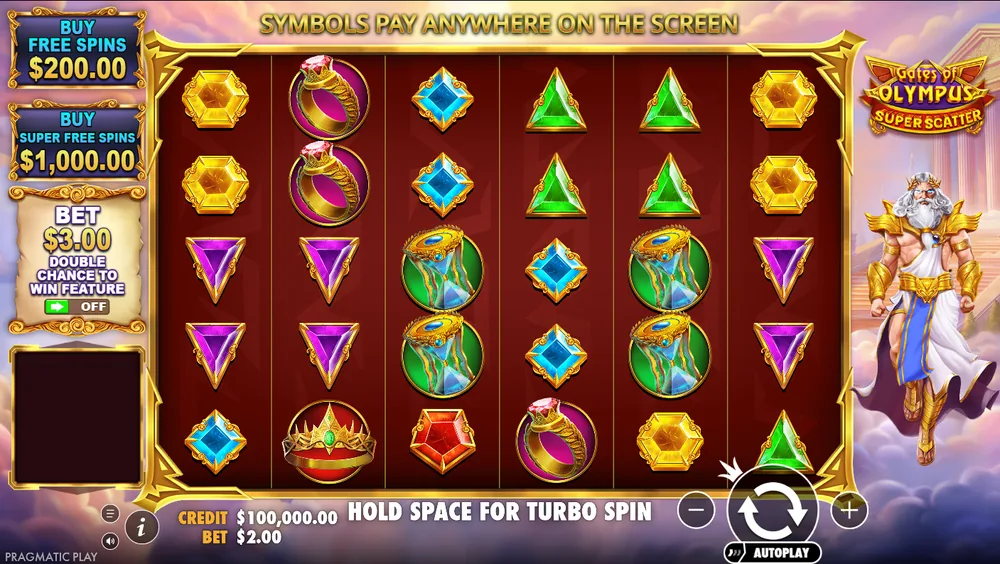 Gates of Olympus Super Scatter base game at a $2 bet: the 6x5 grid on a dark red background, Zeus in golden armor, Buy Free Spins at $200, Buy Super Free Spins at $1,000 and the Double Chance panel at $3.00