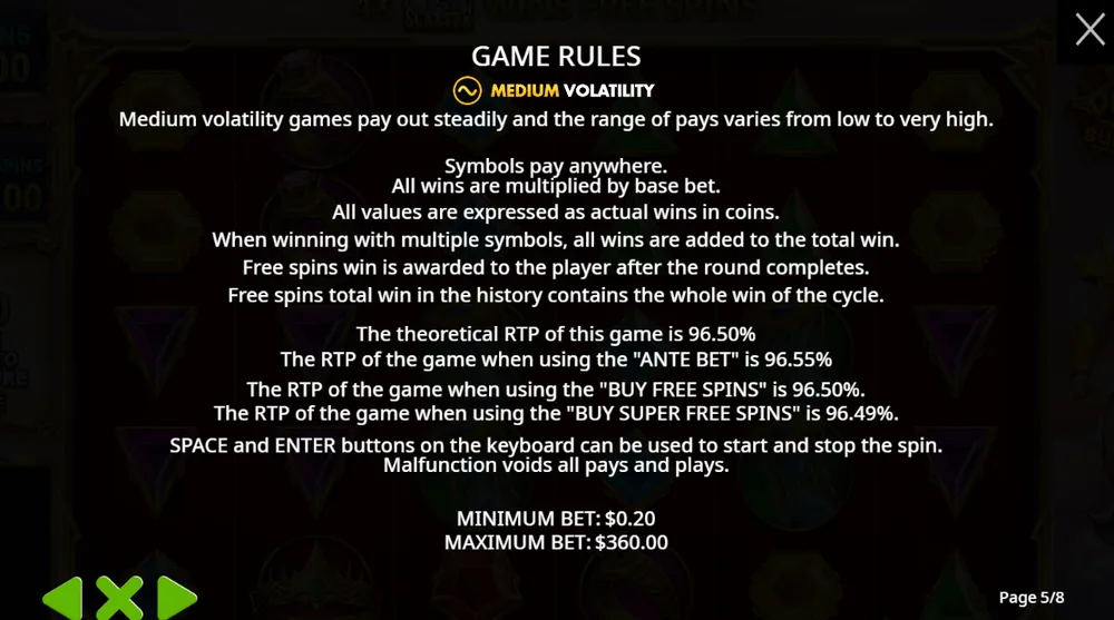 Gates of Olympus Super Scatter rules page 5: Medium volatility label, theoretical RTP 96.50%, RTP with Ante Bet 96.55%, RTP with Buy Free Spins 96.50%, RTP with Buy Super Free Spins 96.49%, minimum bet $0.20 and maximum bet $360