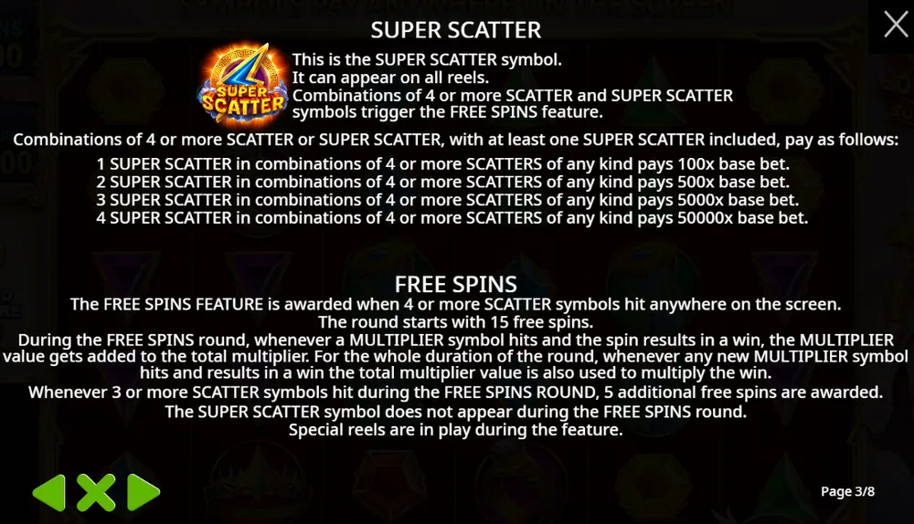 Gates of Olympus Super Scatter rules page 3: the Super Scatter symbol, its prizes of 100x, 500x, 5000x and 50000x the base bet for 1 to 4 Super Scatters, and the free spins rules