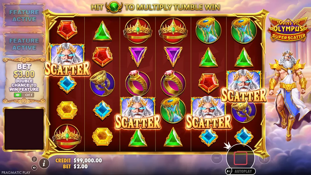 Four Zeus scatters on the Gates of Olympus Super Scatter grid triggering free spins, with both buy buttons showing Feature Active