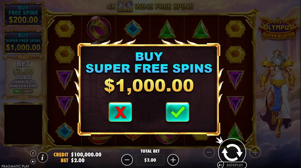 Gates of Olympus Super Scatter Buy Super Free Spins confirmation window at $1,000.00 with cancel and confirm buttons, and a Total Bet field of $2.00