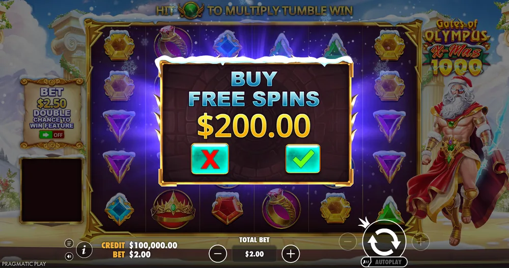 Gates of Olympus Xmas 1000 Buy Free Spins confirmation window at $200.00 with cancel and confirm buttons, and a Total Bet field of $2.00 below the reels