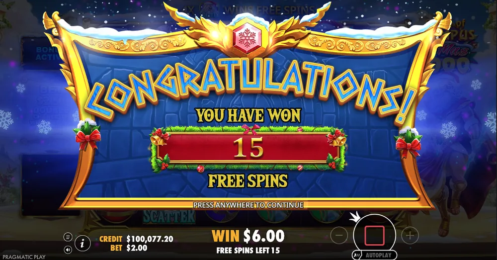 Gates of Olympus Xmas 1000 Congratulations window with holly and bells announcing 15 free spins