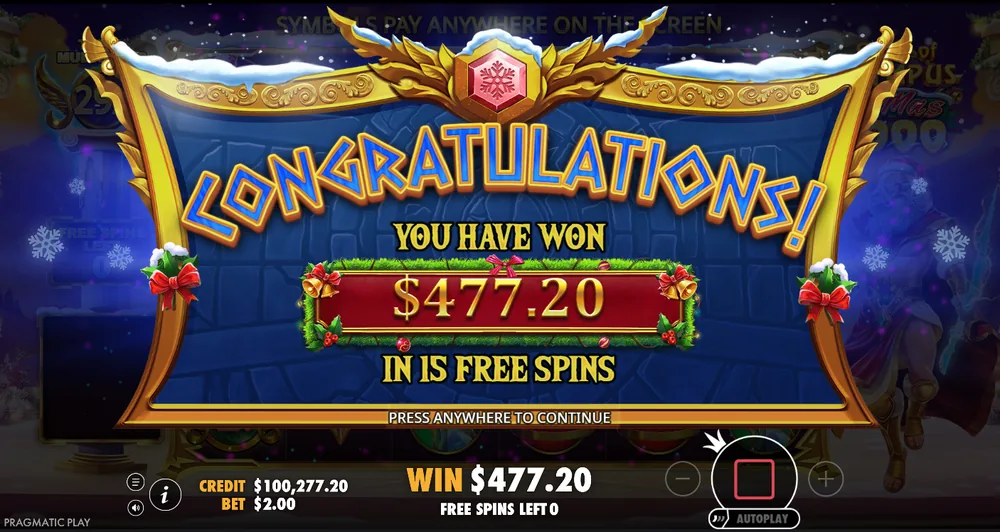 Gates of Olympus Xmas 1000 end of free spins: a win of $477.20 in 15 free spins at a $2 bet