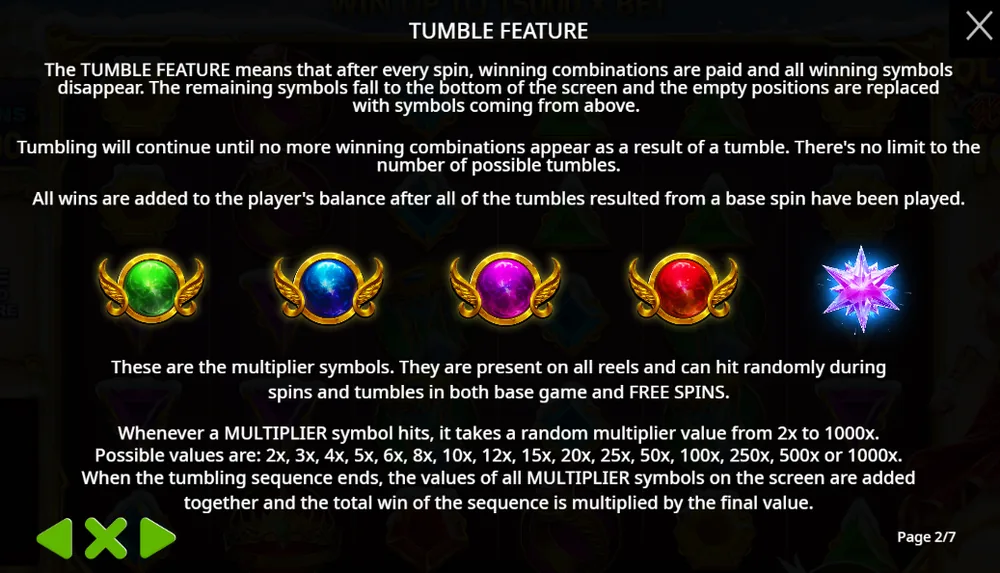 Gates of Olympus Xmas 1000 rules page 2: the tumble feature, four winged orbs in green, blue, purple and red, a purple snowflake star, and the values 2x to 1000x
