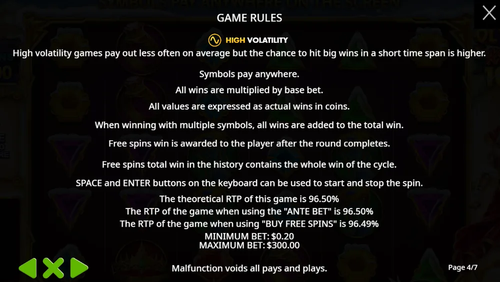 Gates of Olympus Xmas 1000 rules page 4: High volatility label, theoretical RTP 96.50%, RTP with Ante Bet 96.50%, RTP with Buy Free Spins 96.49%, minimum bet $0.20 and maximum bet $300
