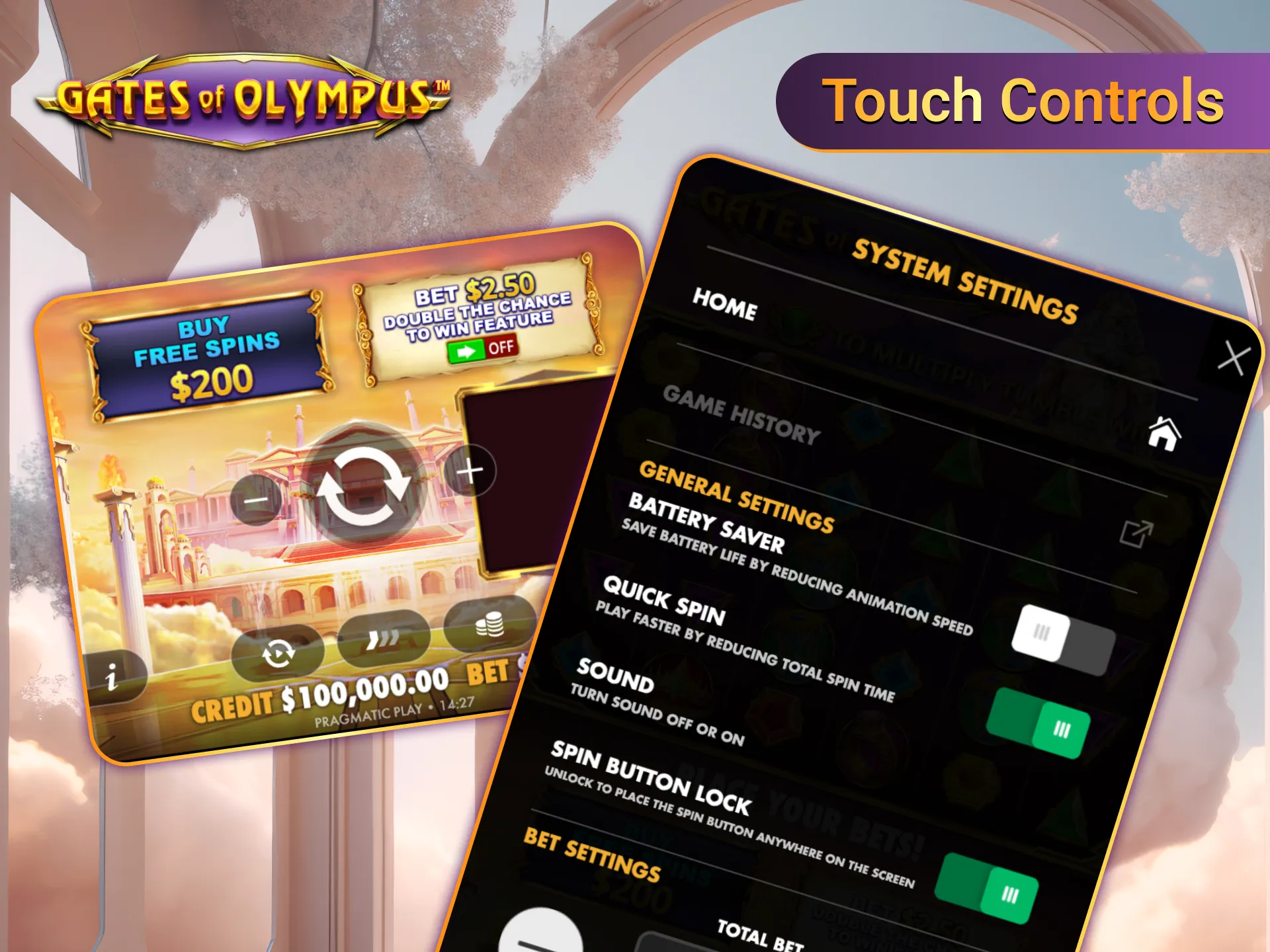 Gates of Olympus touch control for fast smooth spins.